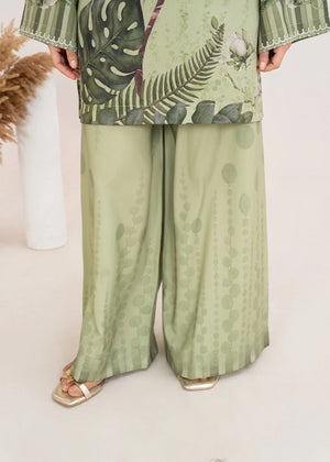 Women wearing pistachio green co ord set women, close-up of the print on the grip top and bottom, Buraqstore