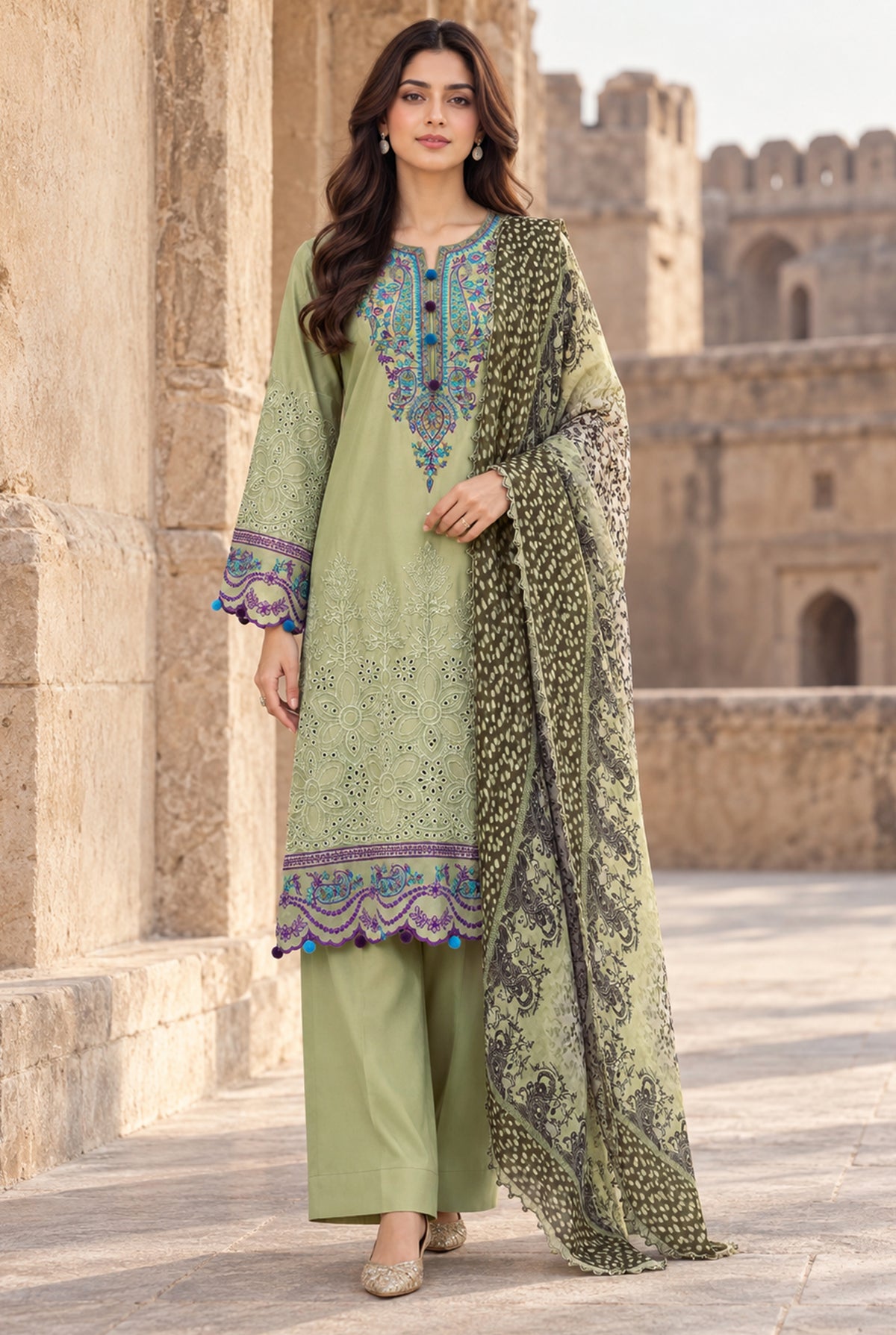 Model wearing pistachio green chikankari pk, stitched 3PC set with embroidered viscose chikankari shirt, front view from Buraqstore