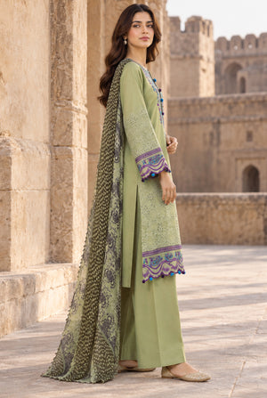 Model wearing pistachio green chikankari pk with plain dyed viscose trouser, side view of the stitched 3PC at Buraqstore