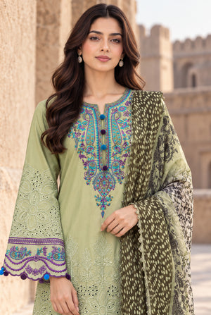 Women wearing pistachio green chikankari pk with digital printed chiffon dupatta draped on the shoulder, Buraqstore
