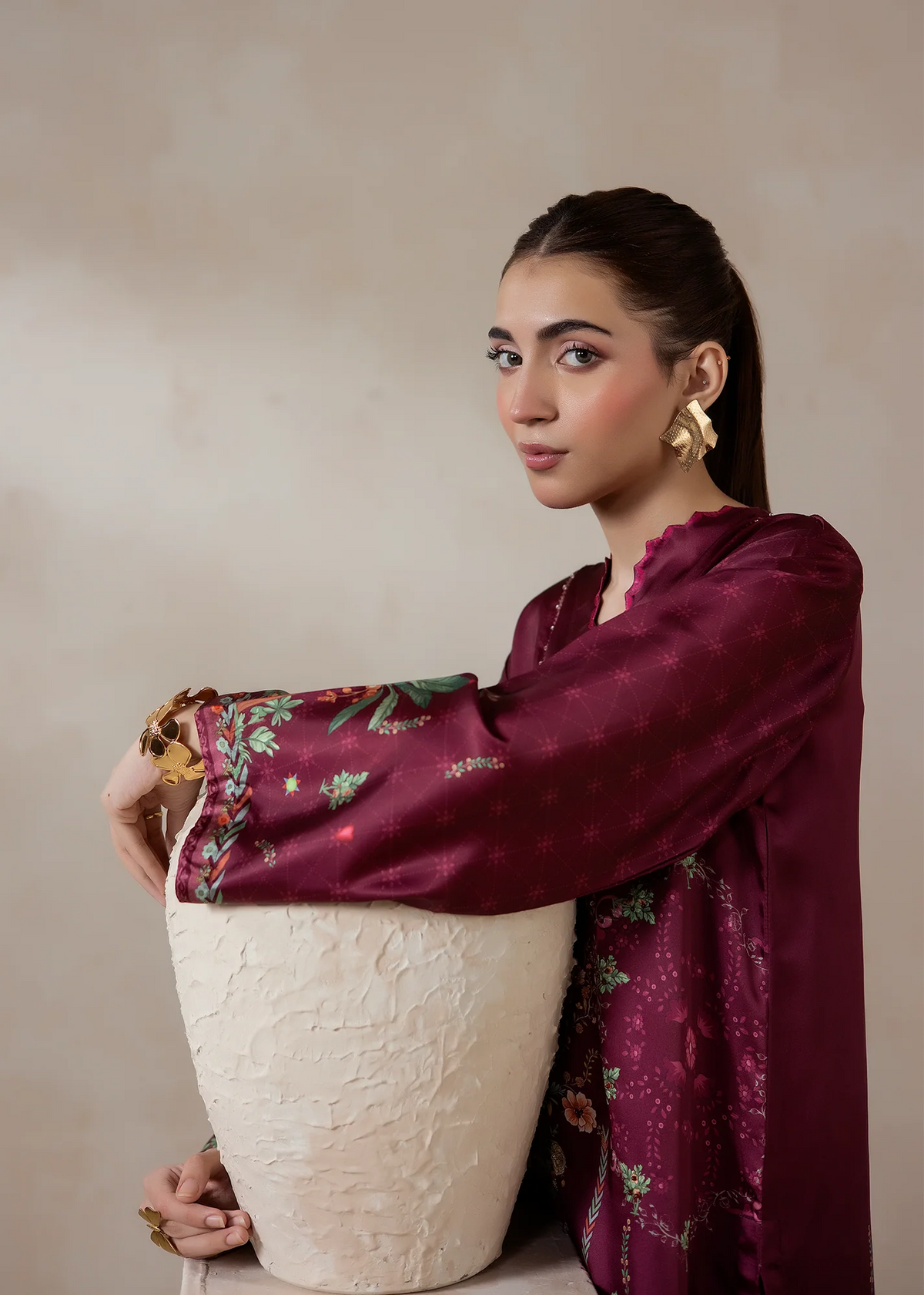 Women wearing silk co ord set, back view of the printed charmeuse silk top, Buraqstore
