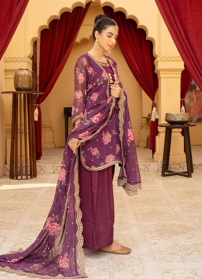 Model wearing purple dress design, side view showing the fall of the silk 3-piece set, Buraqstore
