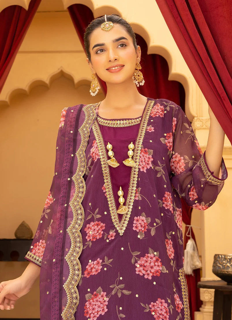 Women wearing purple dress design, dupatta with tassel accents draped over the shoulder, Buraqstore