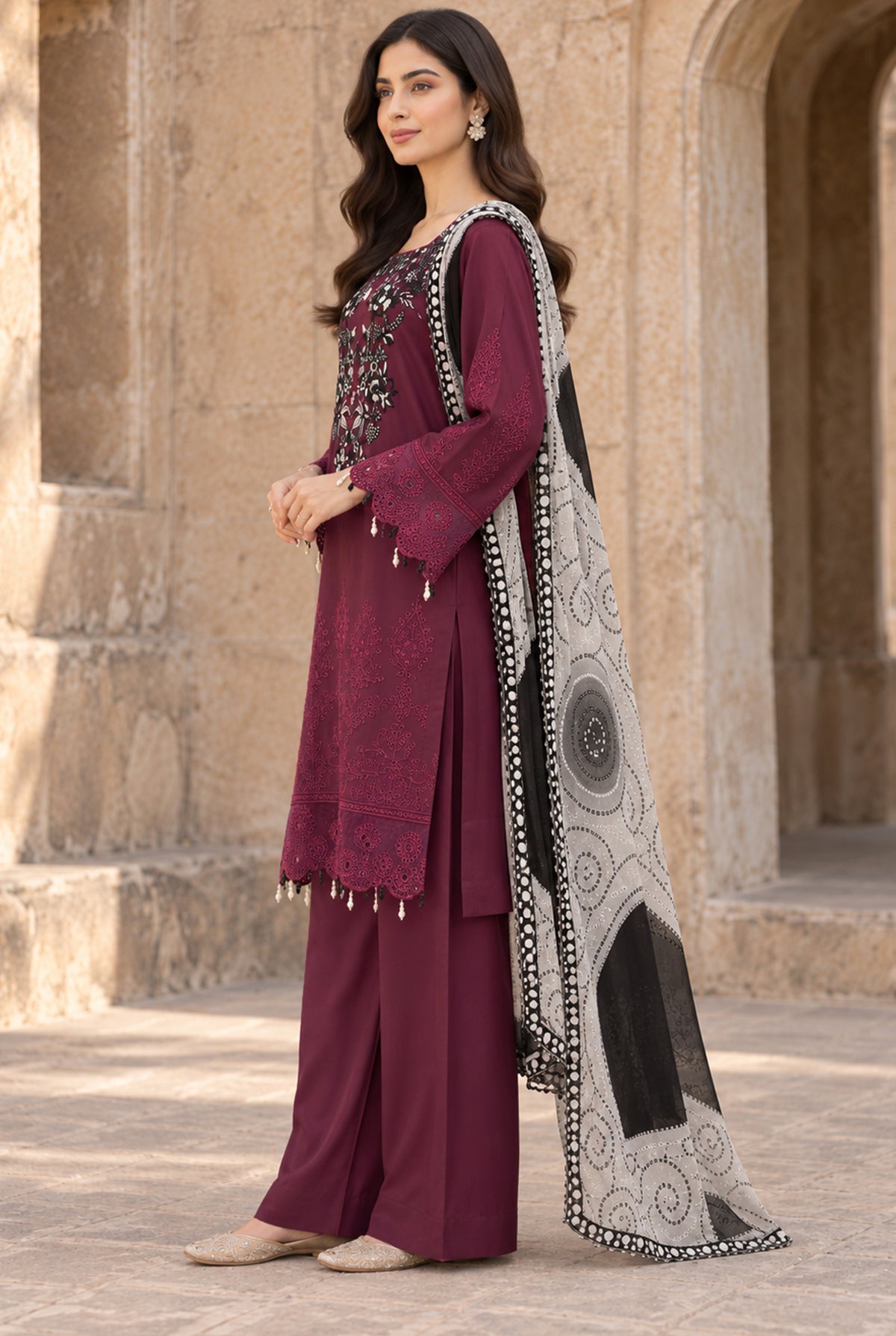 Model wearing plum chicken kari dress price in pakistan set with plain dyed viscose trouser, side view at Buraqstore