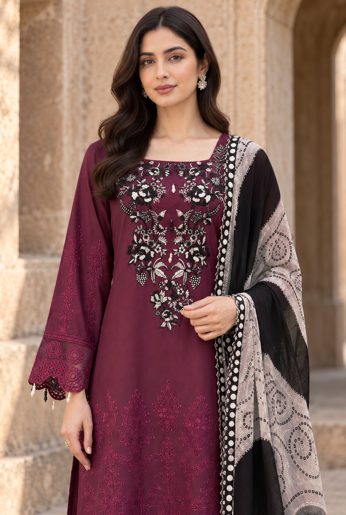 Women wearing plum chicken kari dress price in pakistan set with digital printed chiffon dupatta draped on the shoulder, Buraqstore