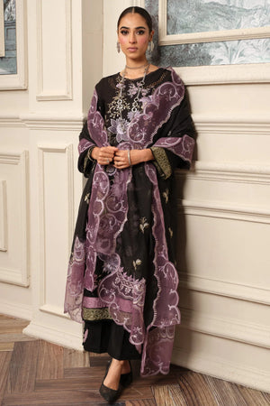 girl posing in black embroidered dress buraqstore with unstitched lawn details