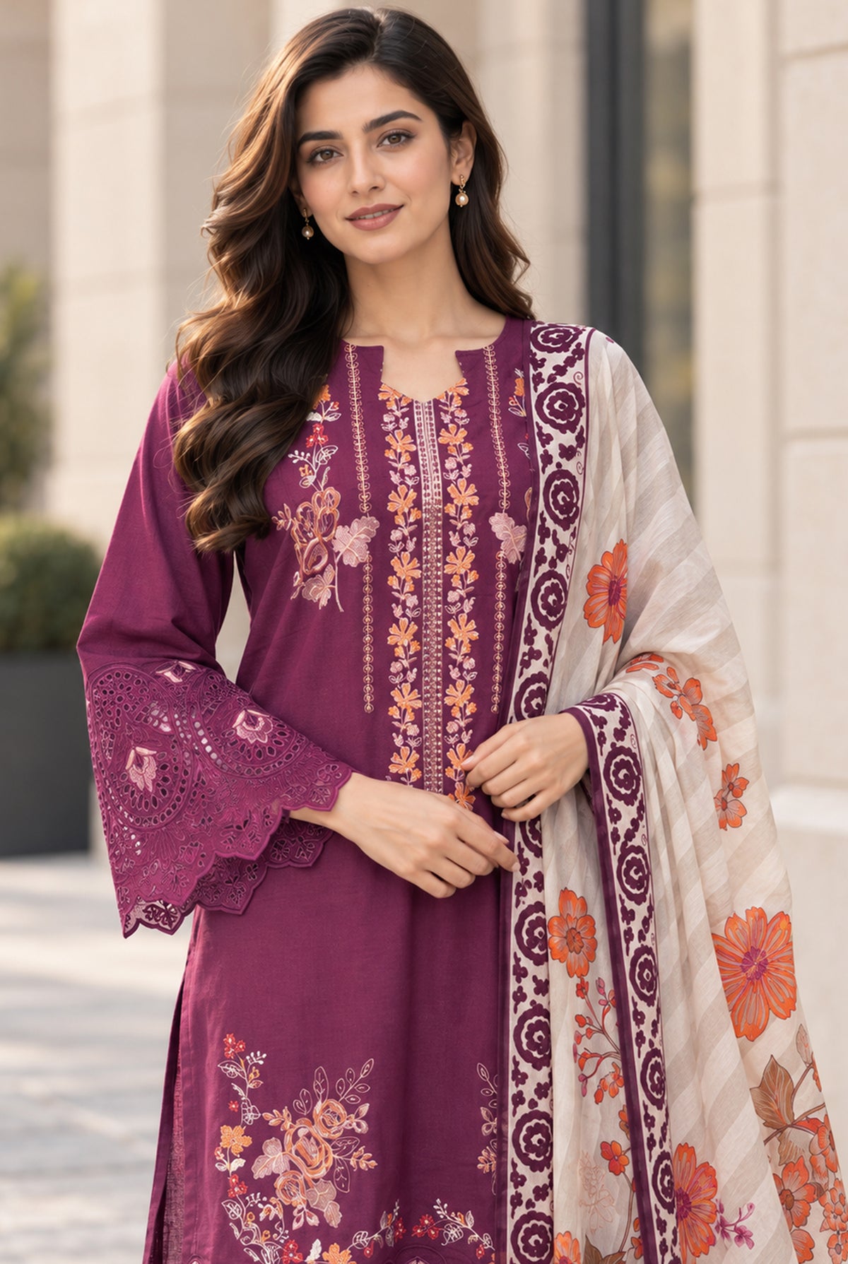 Women wearing purple karandi winter collection with digital printed chiffon dupatta draped on the shoulders, Buraqstore