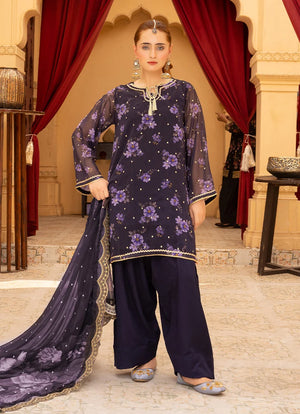 Model wearing purple colour dress, embroidered and printed silk shirt, trouser and dupatta, front view from Buraqstore
