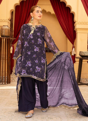 Model wearing purple colour dress, side view showing the fall of the silk 3-piece set, Buraqstore