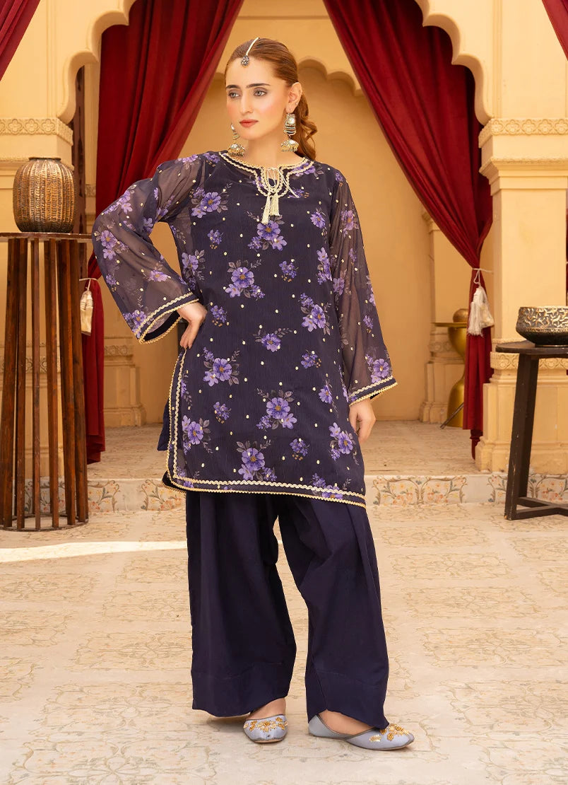 Women wearing purple colour dress, dupatta with tassel embellishments draped over the shoulder, Buraqstore