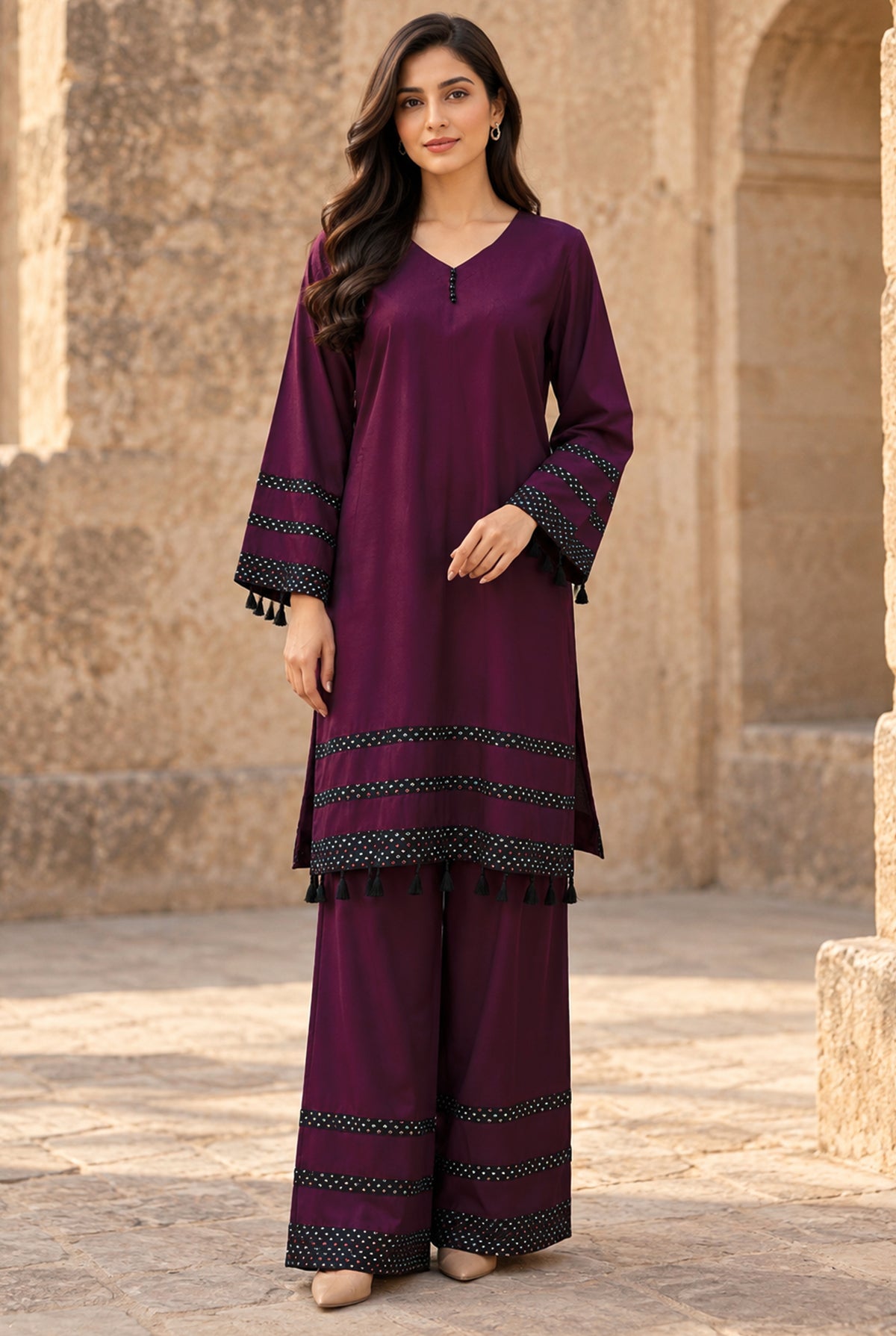Women wearing purple linen shirt for women 2PC, stitched dyed linen shirt with matching trouser, front view from Buraqstore