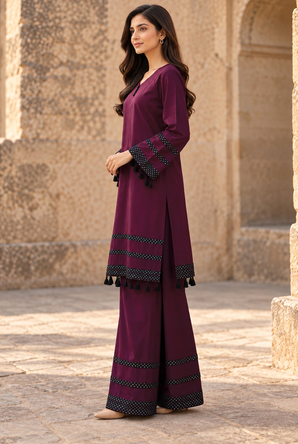 Women wearing purple stitched linen shirt 2PC in side profile showing the comfortable fit, purple linen shirt for women at Buraqstore