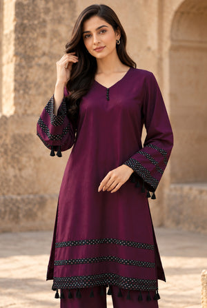 Model wearing purple linen shirt for women 2PC, back view of the stitched dyed linen shirt, available at Buraqstore