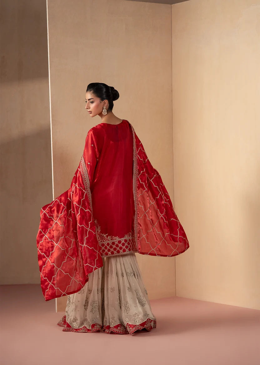 Woman wearing red colour dress pakistani, close-up of the embroidery on the silk shirt, Buraqstore