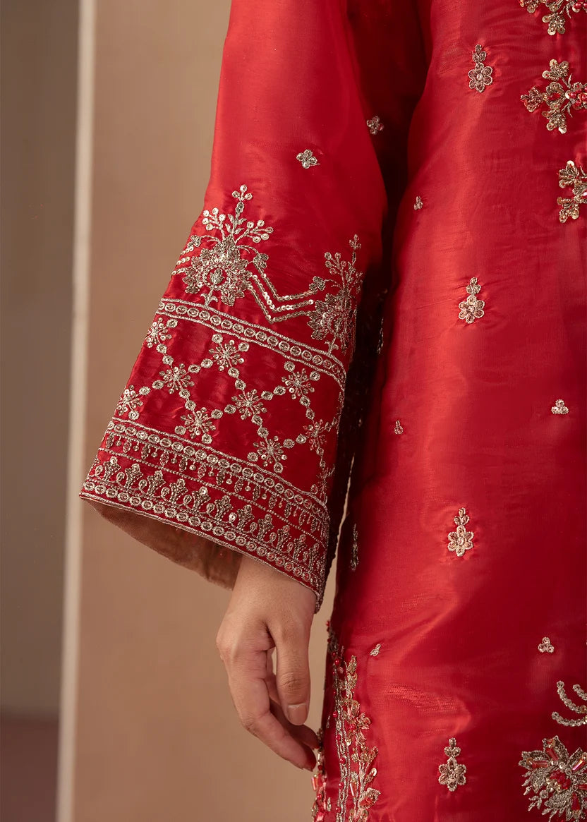 Women wearing red colour dress pakistani, silk dupatta draped over the shoulder, Buraqstore
