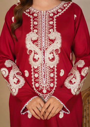 Model wearing red dress pakistani, side view showing the soft drape of the embroidered viscose 2PC, Buraqstore
