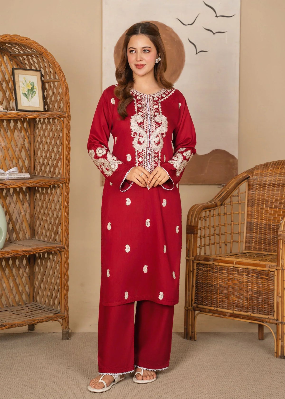 Model wearing red dress pakistani, embroidered viscose 2PC set, front view from Buraqstore