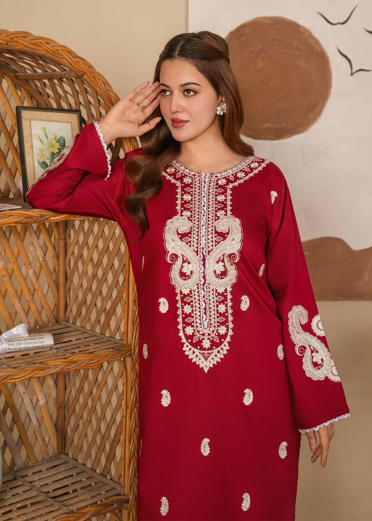 Model wearing red dress pakistani as a festive outfit, shop embroidered viscose 2PC at Buraqstore