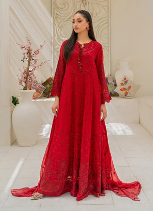 Model wearing red dress for women, embroidered chiffon shirt, trouser and dupatta, front view from Buraqstore