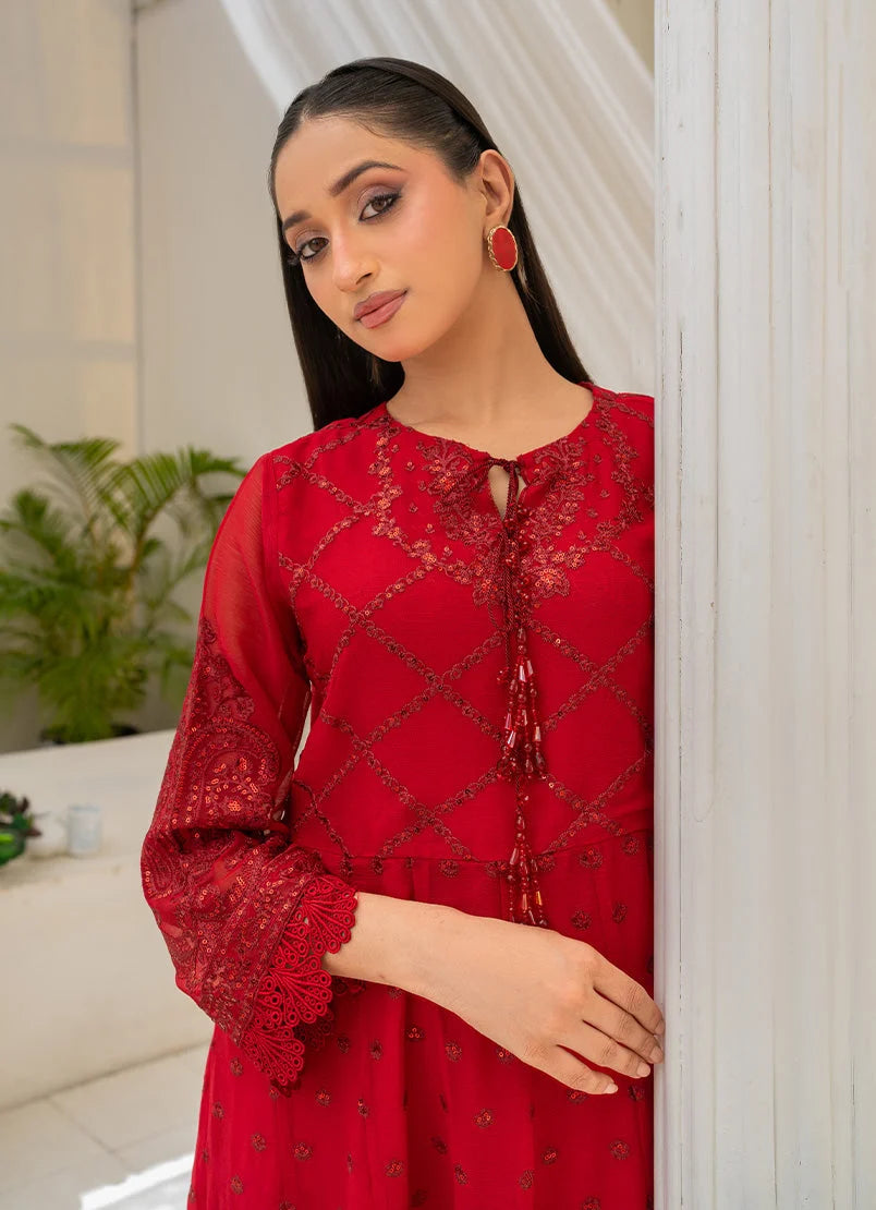 Women wearing red dress for women, chiffon dupatta draped over the shoulder, Buraqstore