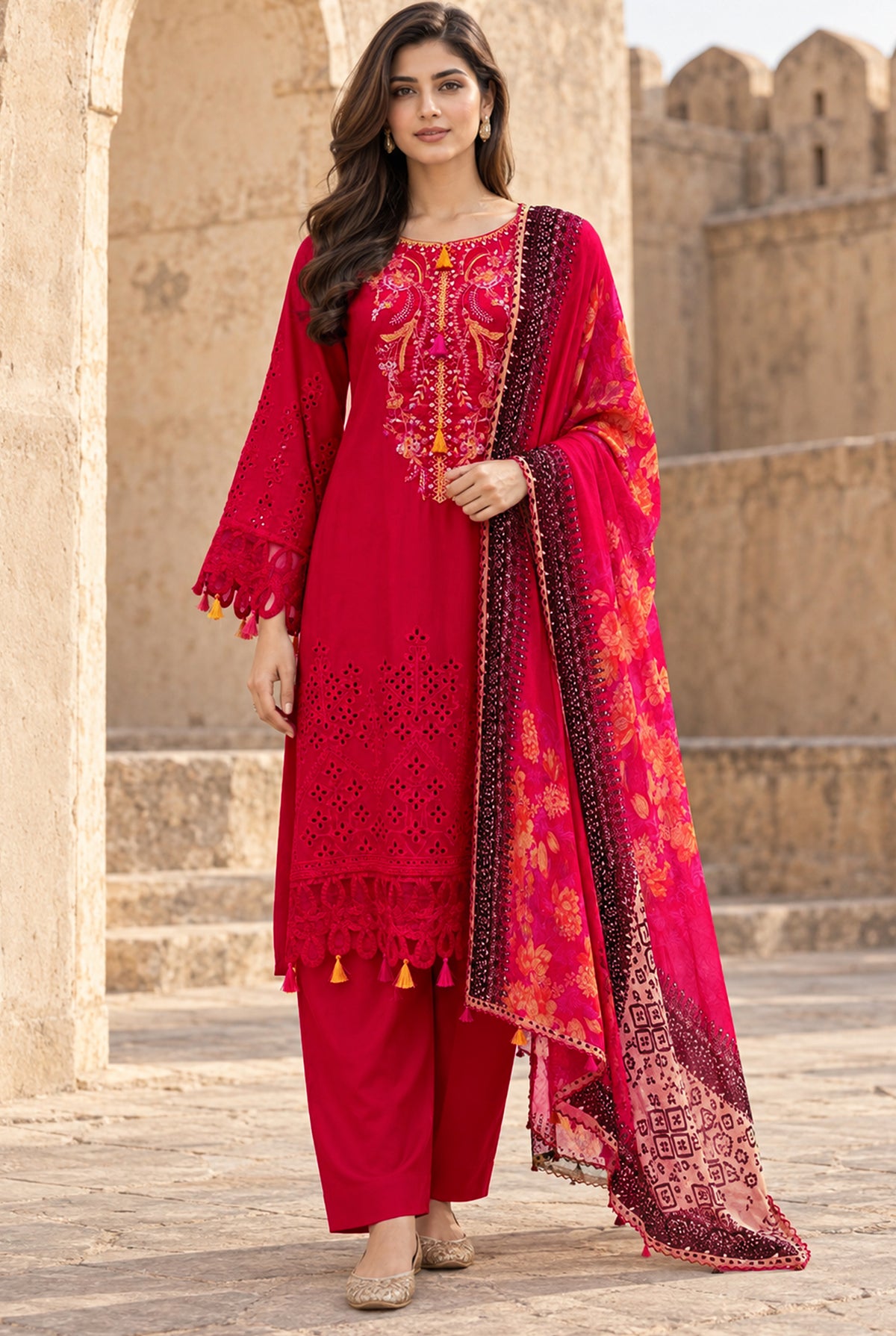 Model wearing red chicken kari brand sale online set, stitched 3PC with embroidered viscose chikankari shirt, front view from Buraqstore