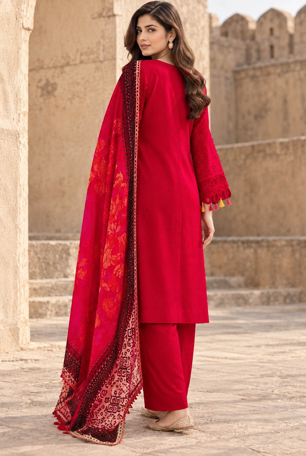 Women wearing red chicken kari brand sale online set, close-up of the chikankari embroidery on the viscose shirt, Buraqstore 