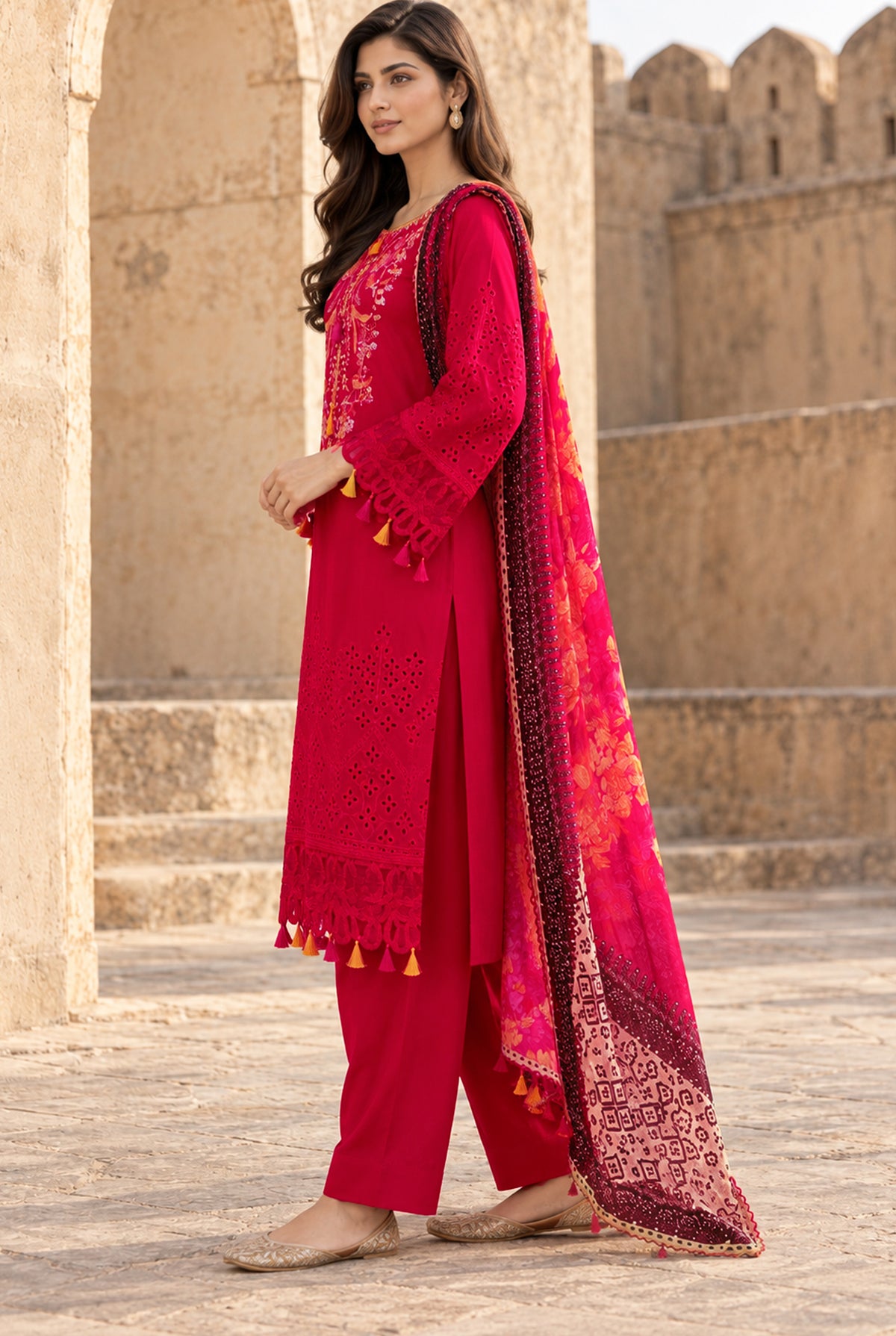 Model wearing red chicken kari brand sale online set with plain dyed viscose trouser, side view at Buraqstore