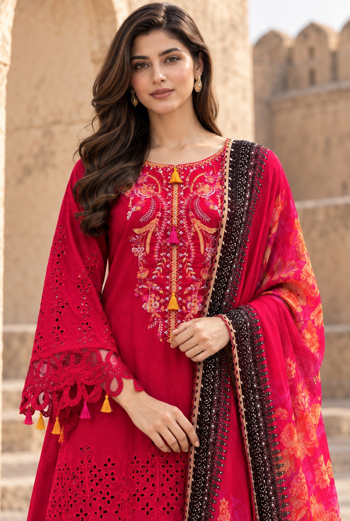 Women wearing red chicken kari brand sale online set with digital printed chiffon dupatta draped on the shoulder, Buraqstore