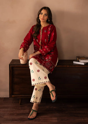 Women wearing red colour dress, back view of the embroidered shirt and trouser, Buraqstore
