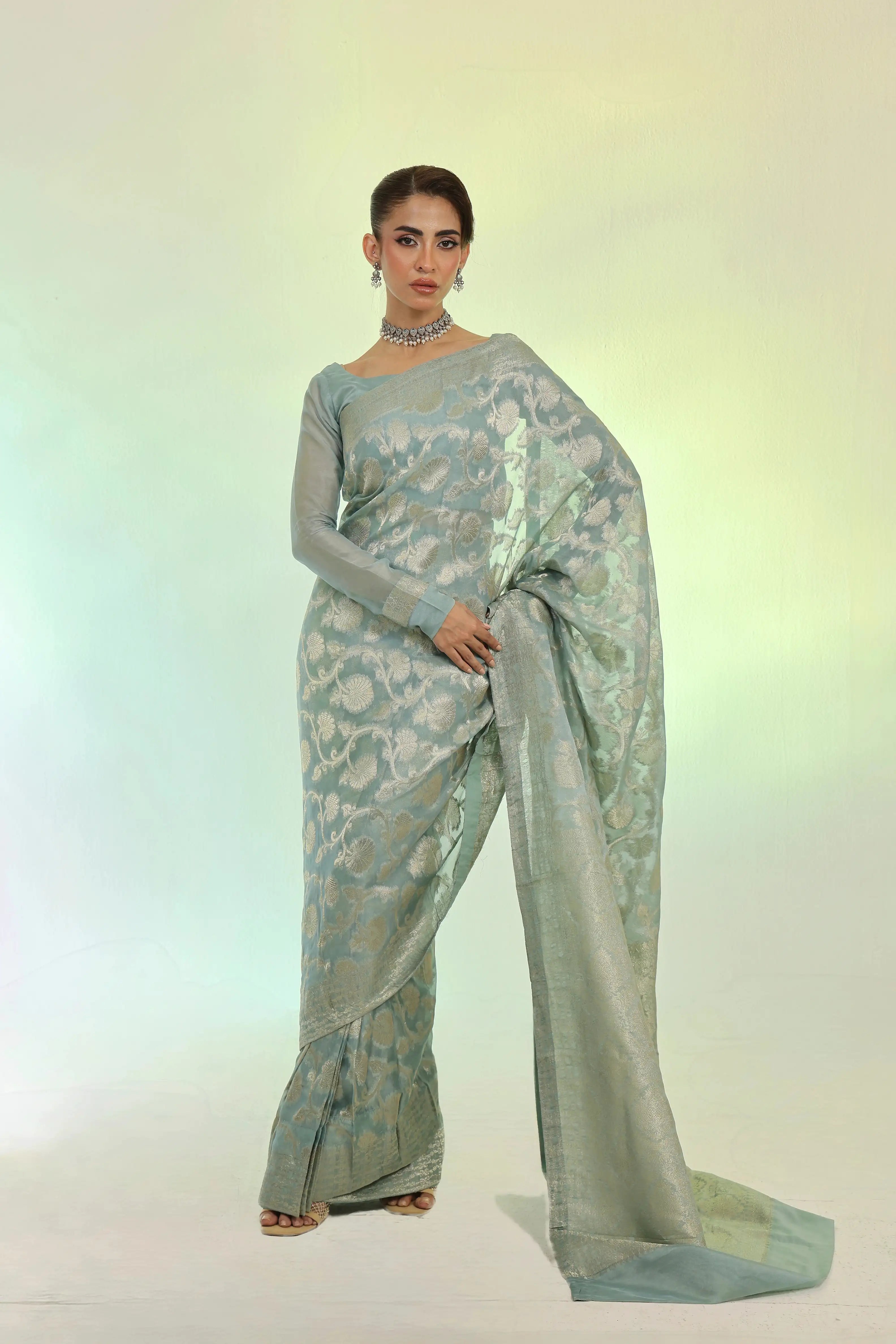 Mint Banarsi Saree 3Pcs