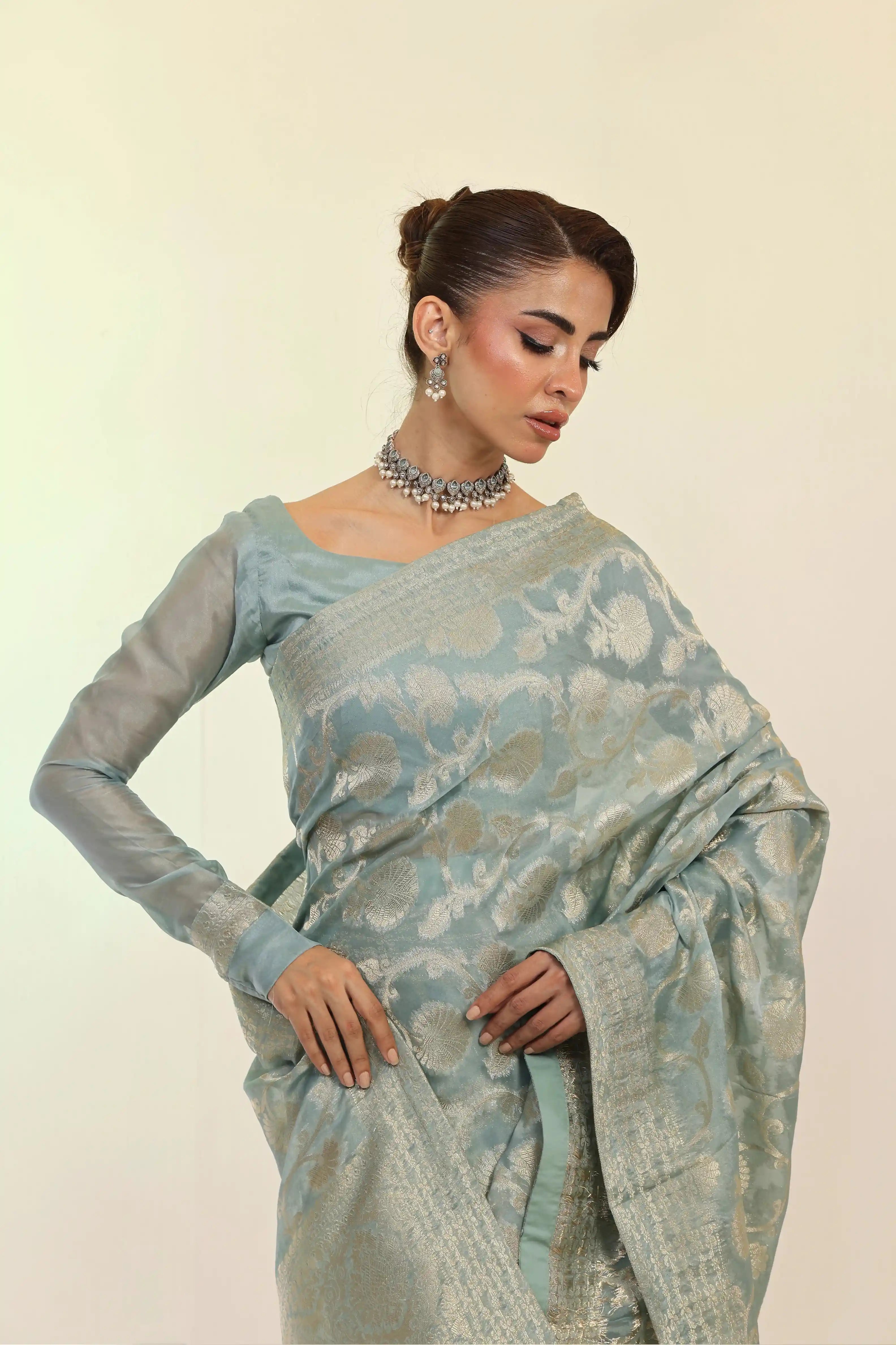 Mint Banarsi Saree 3Pcs