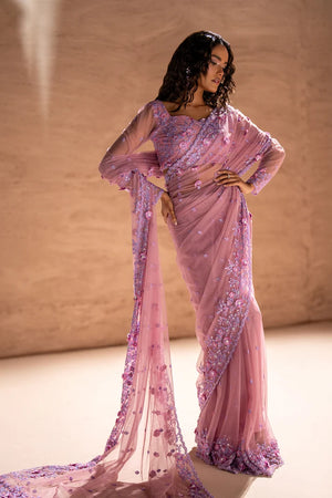 Model wearing rose pink pakistani designer saree, back view of the draped net saree and blouse, Buraqstore