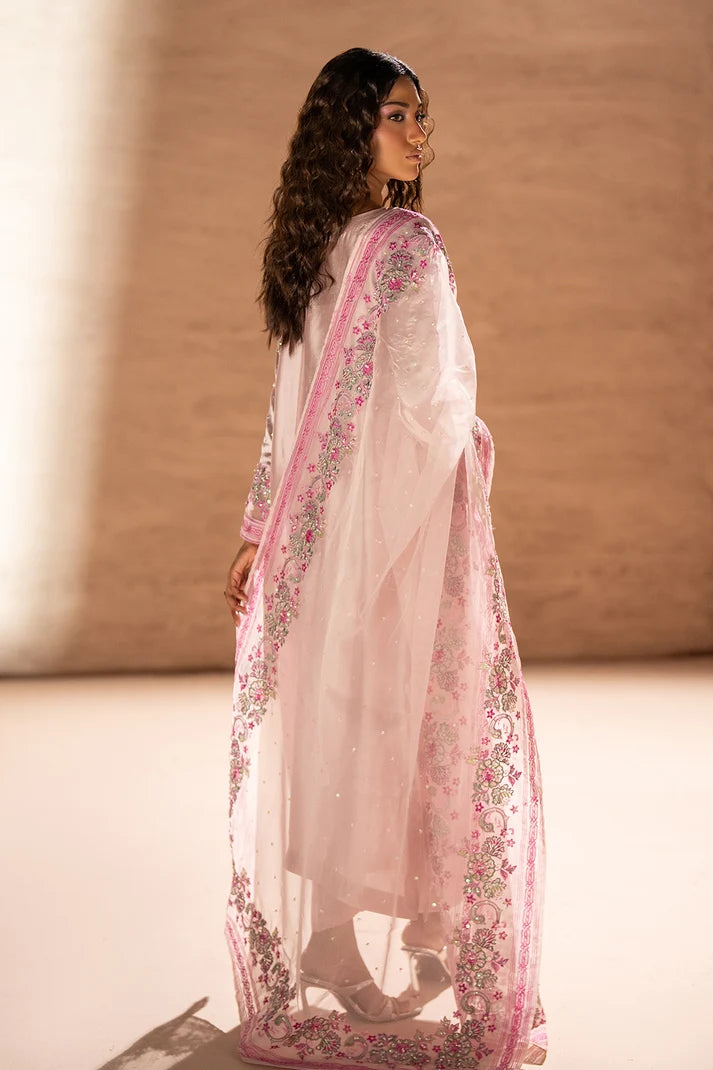 Women wearing rose pink sheesha silk price in pakistan set, close-up of all-over rhinestone embellishment, Buraqstore