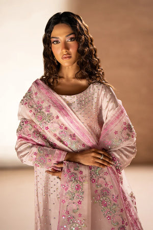 Women wearing rose pink sheesha silk price in pakistan set with a matching organza dupatta, Buraqstore