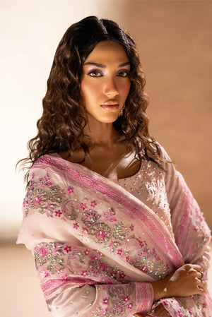 Model wearing rose pink sheesha silk price in pakistan set as a festive outfit, shop 3PC silk set at Buraqstore