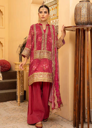 Model wearing pink color dress in rose pink, embroidered and printed silk shirt, trouser and dupatta, front view from Buraqstore
