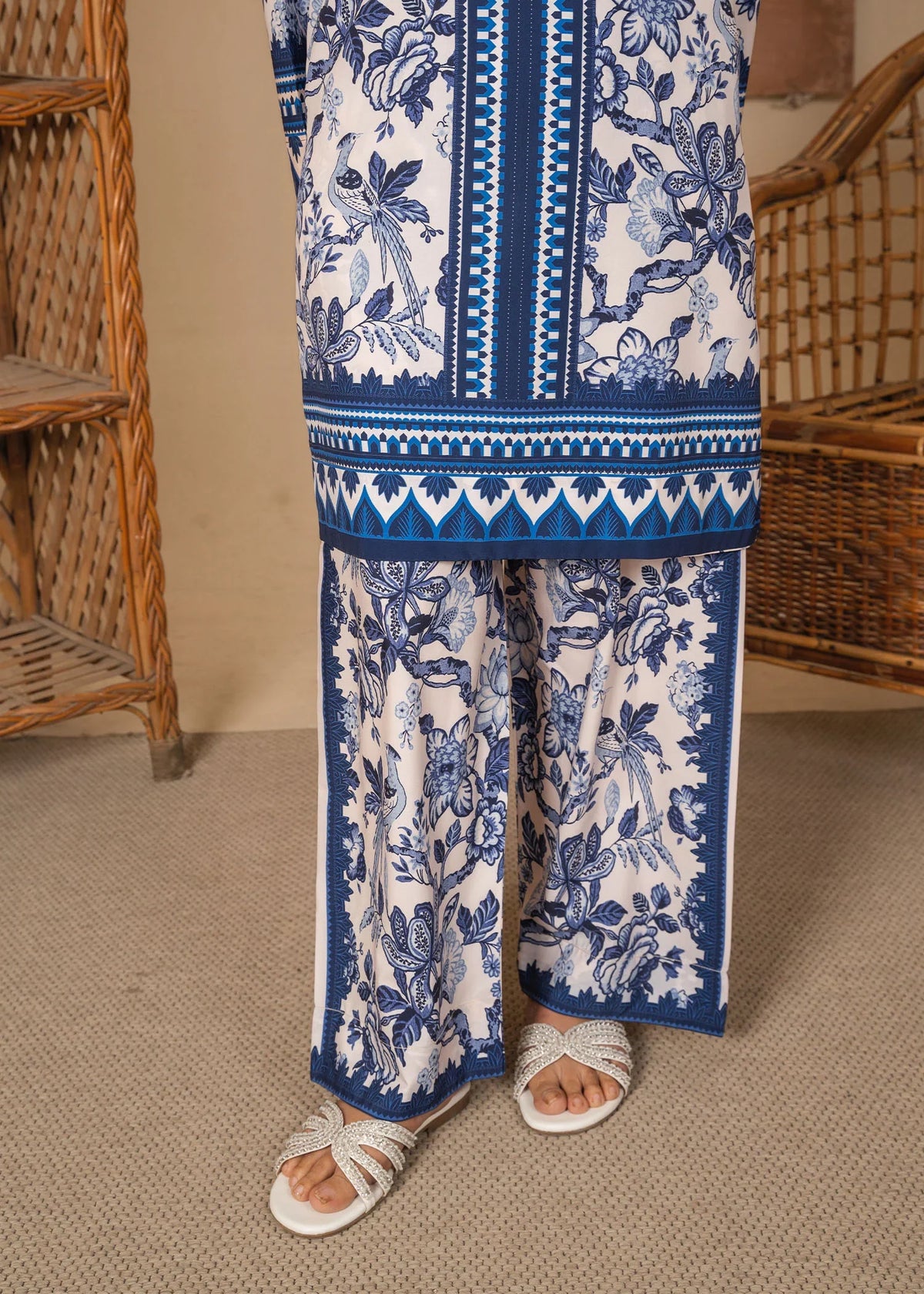 Women wearing royal blue dress pakistani, back view of the printed poly lawn shirt and trouser, Buraqstore