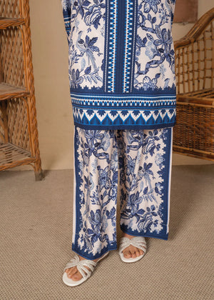 Women wearing royal blue dress pakistani, back view of the printed poly lawn shirt and trouser, Buraqstore
