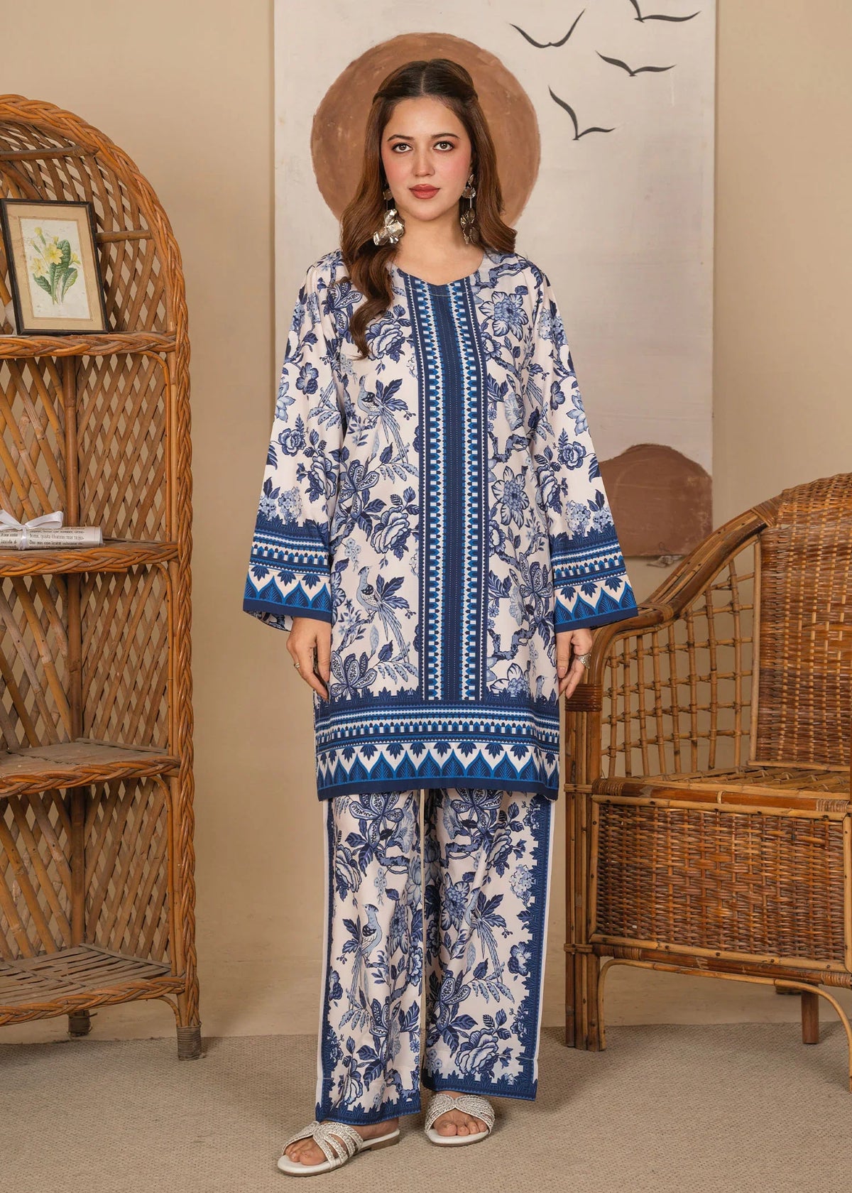 Model wearing royal blue dress pakistani, printed poly lawn 2PC set, front view from Buraqstore