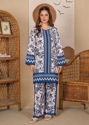 Model wearing royal blue dress pakistani, printed poly lawn 2PC set, front view from Buraqstore