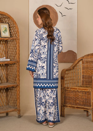Women wearing royal blue dress pakistani, close-up of the print on the poly lawn shirt, Buraqstore