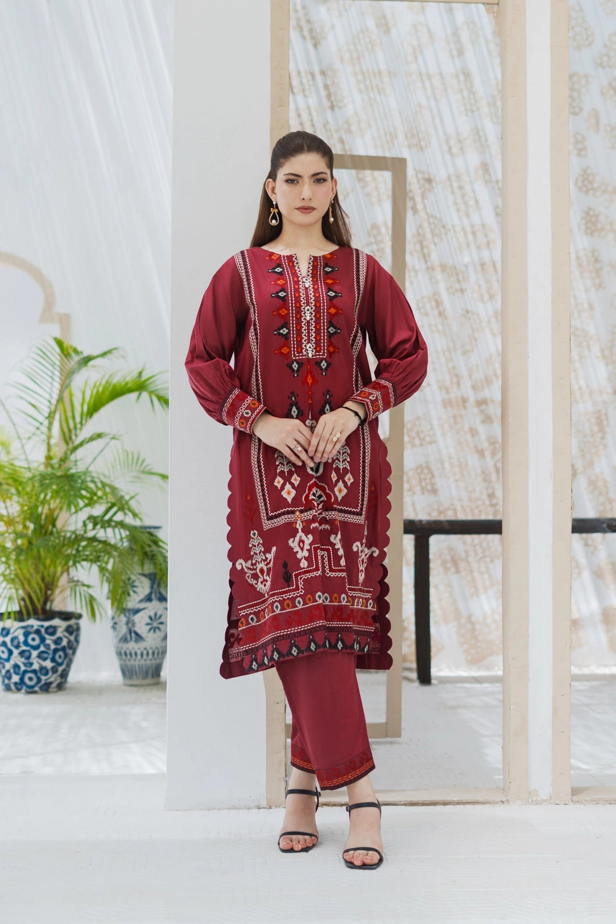 Maroon Dress for Women, Embroidered Lawn 2PC | Buraq Store