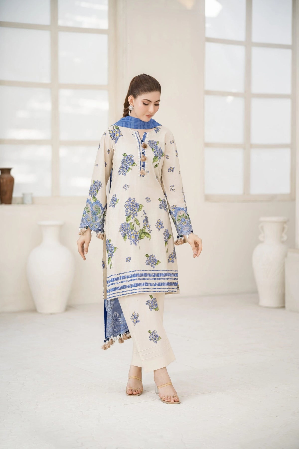 White Printed Lawn Suits Pakistan 3PC | Buraq Store