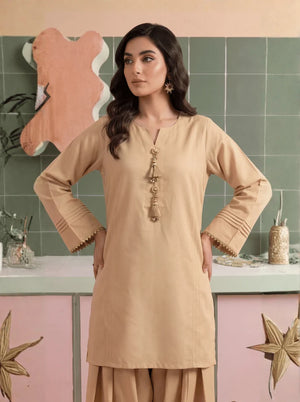 Model wearing sandstone color dress, side view showing the fit of the shirt and trouser 2PC, Buraqstore
