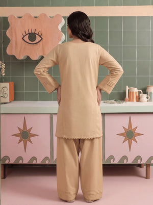 Women wearing sandstone color dress, back view of the stitched cambric shirt and matching trouser, Buraqstore