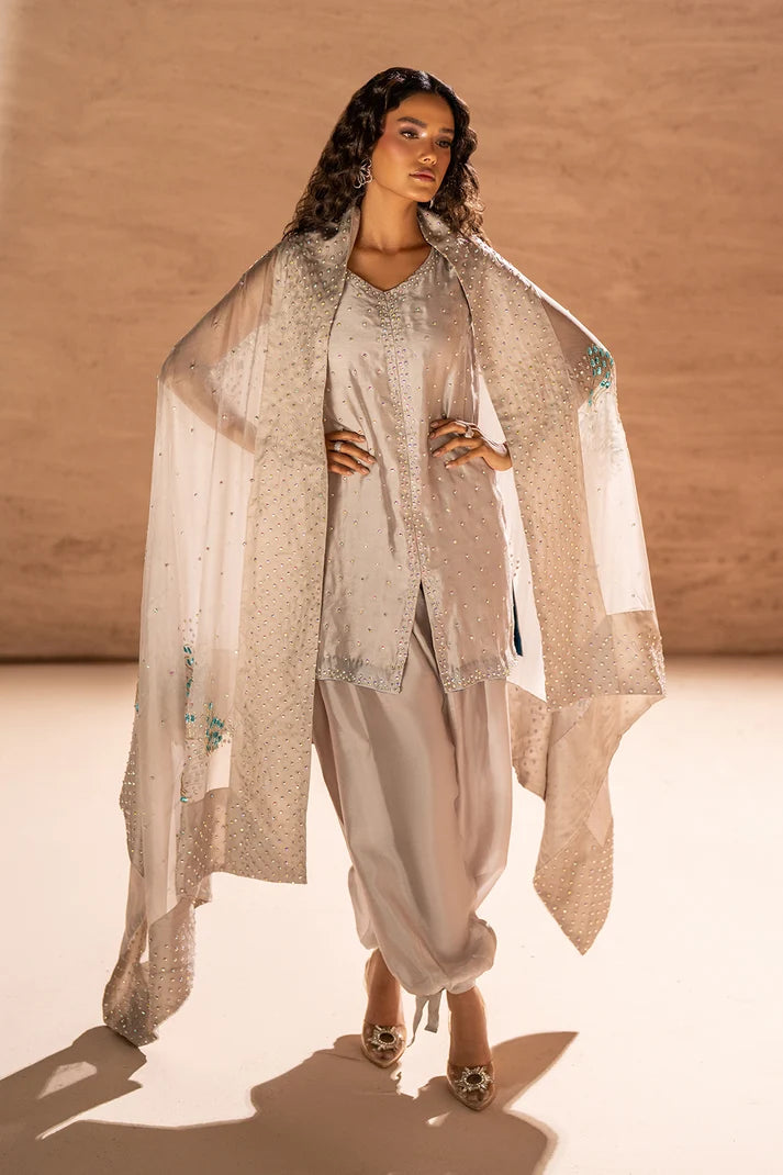 Women wearing silver-gray sheesha silk dress price in pakistan set with a pure organza dupatta, Buraqstore