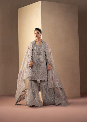 Model wearing silver colour dress, an embroidered and embellished shirt with gharara, front view from Buraqstore