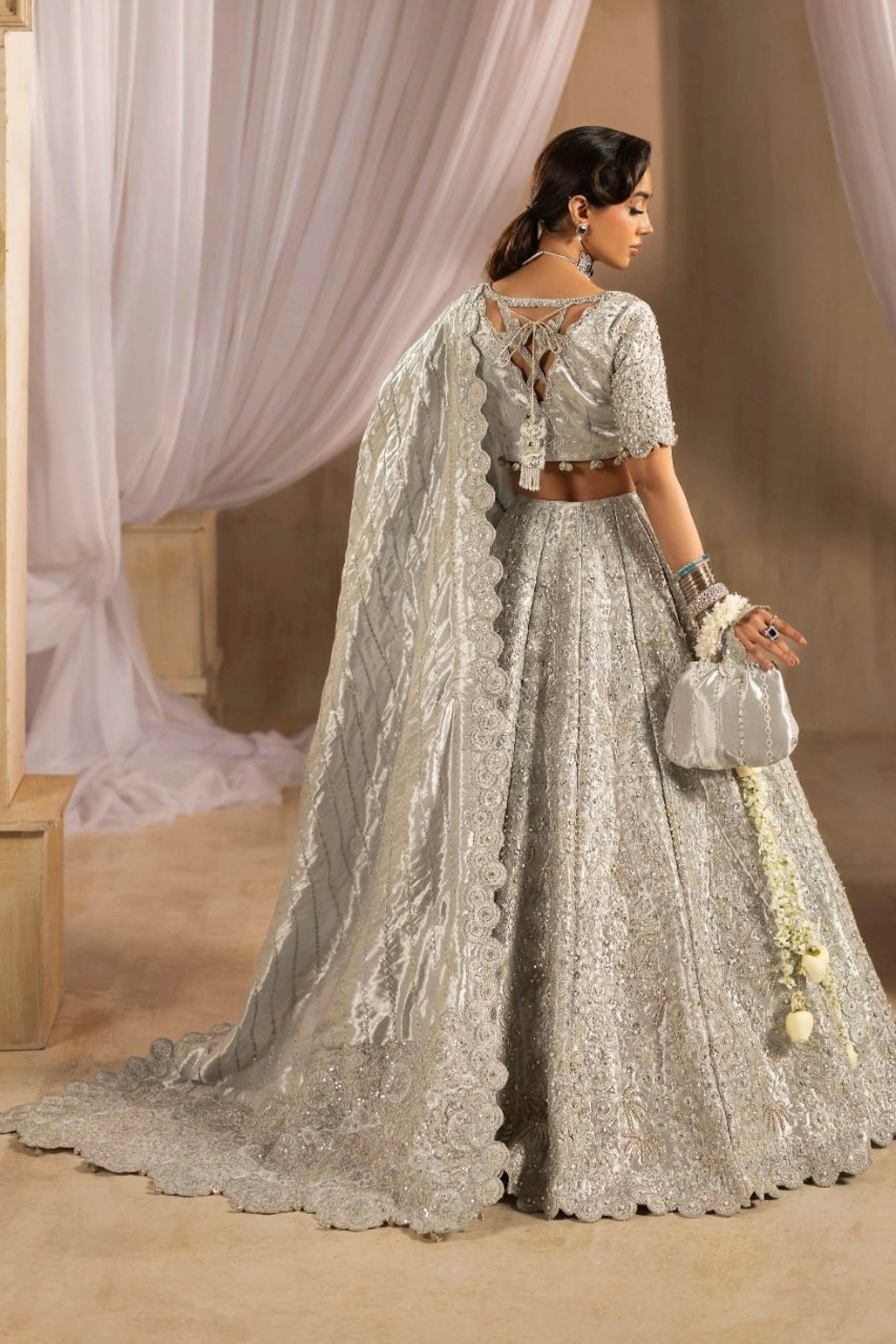 Bridal silver colour dress walima 3 piece tissue outfit by Buraqstore