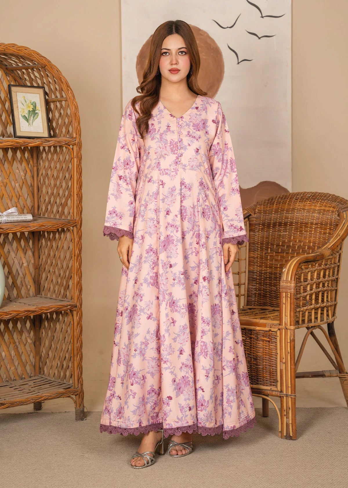 Model wearing simple pink dress pakistani, printed poly lawn 1PC, front view from Buraqstore