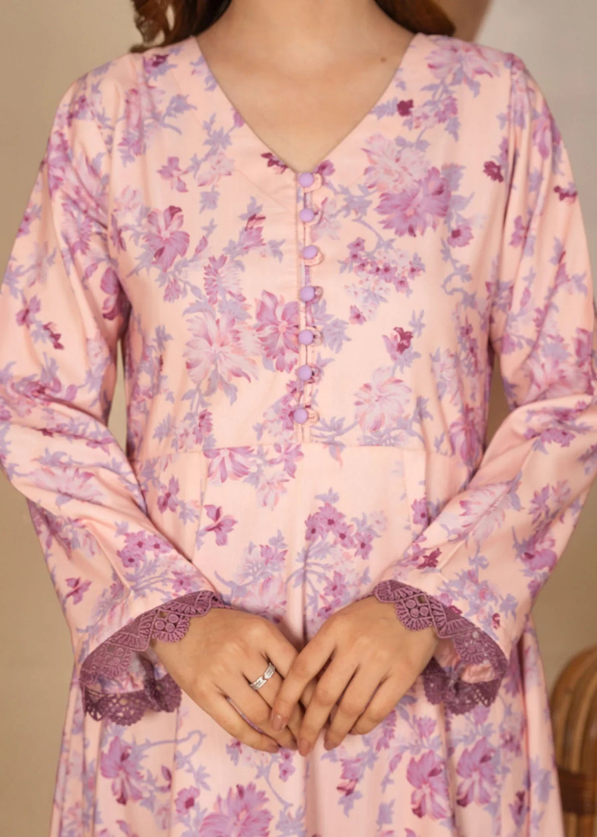 Women wearing simple pink dress pakistani, back view of the printed poly lawn 1PC, Buraqstore
